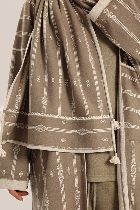 Embroidered striped shawl with tassels